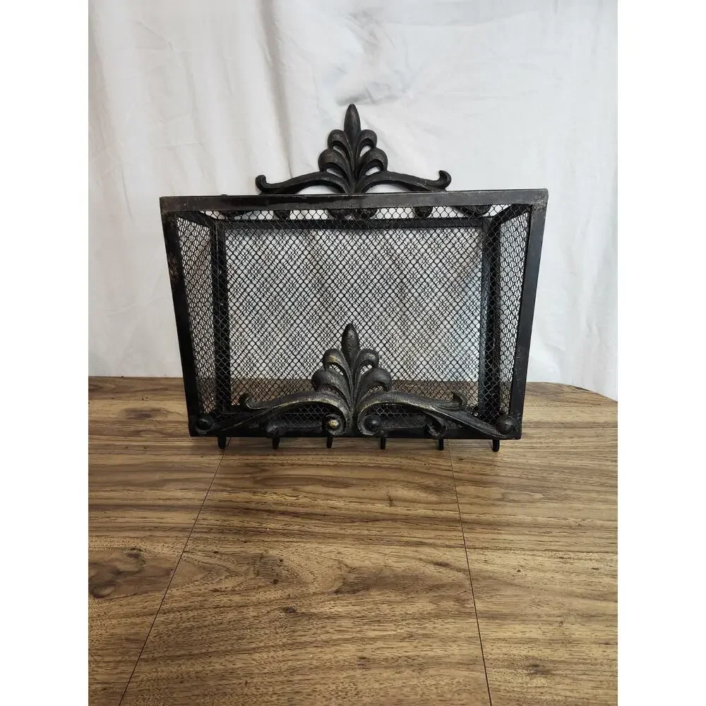 Vintage Black Hanging Wall Basket Storage Wrought Iron (?) Hooks Entry Way...